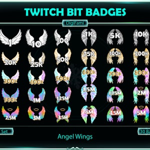 Op de afbeelding: Een set van 30 Twitch-bit-badges met engelenvleugels in verschillende kleuren, waaronder wit, goud, roze, blauw en paars. De badges zijn genummerd van 1 tot 5 miljoen, met stappen van 1, 5, 10, 20, 25, 50, 75, 100, 200, 300, 400, 500, 600, 700, 800, 900, 1, 1,25, 1,5, 1,75, 2, 2,5, 3, 3,5, 4, 4,5 en 5 miljoen.