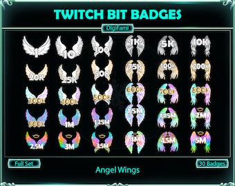 Peut inclure: Un ensemble de 30 badges Twitch bit représentant des ailes d'ange dans différentes couleurs, notamment le blanc, l'or, le rose, le bleu et le violet. Les badges sont numérotés de 1 à 5 millions, avec des incréments de 1, 5, 10, 20, 25, 50, 75, 100, 200, 300, 400, 500, 600, 700, 800, 900, 1, 1,25, 1,5, 1,75, 2, 2,5, 3, 3,5, 4, 4,5 et 5 millions.