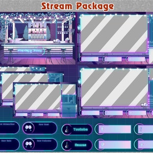 Puede incluir: Un paquete de transmisión digital con temática de bar, que presenta una escena de bar con botellas y taburetes, y pantallas superpuestas con rayas diagonales. El paquete incluye alertas animadas y botones de redes sociales. El texto dice "Stream Package".