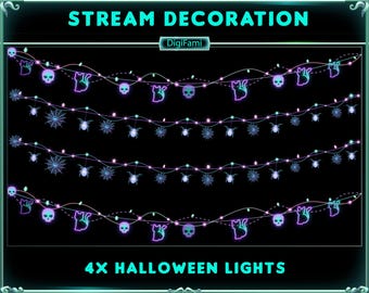 May include: Four sets of Halloween lights with a black background. Each set features a string of lights with alternating skull, ghost, and spider web designs. The text "STREAM DECORATION" and "4X HALLOWEEN LIGHTS" are displayed in a teal box.