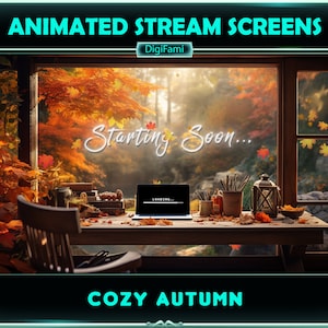 May include: Animated stream screen with a cozy autumn theme. The screen shows a laptop with the text "Loading..." on the screen. The laptop is on a wooden table with a window behind it. The window shows a view of a forest with fall foliage. The text "Starting Soon..." is written on the screen. The text "Cozy Autumn" is at the bottom of the screen.