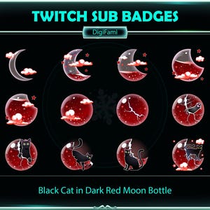 Distintivi Twitch Sub Dark Red Liquid Moon Black Cat, Distintivo Twitch Sub Blood Moon Bottle Black Cat per Streamer, YouTuber, TikToker, OBS