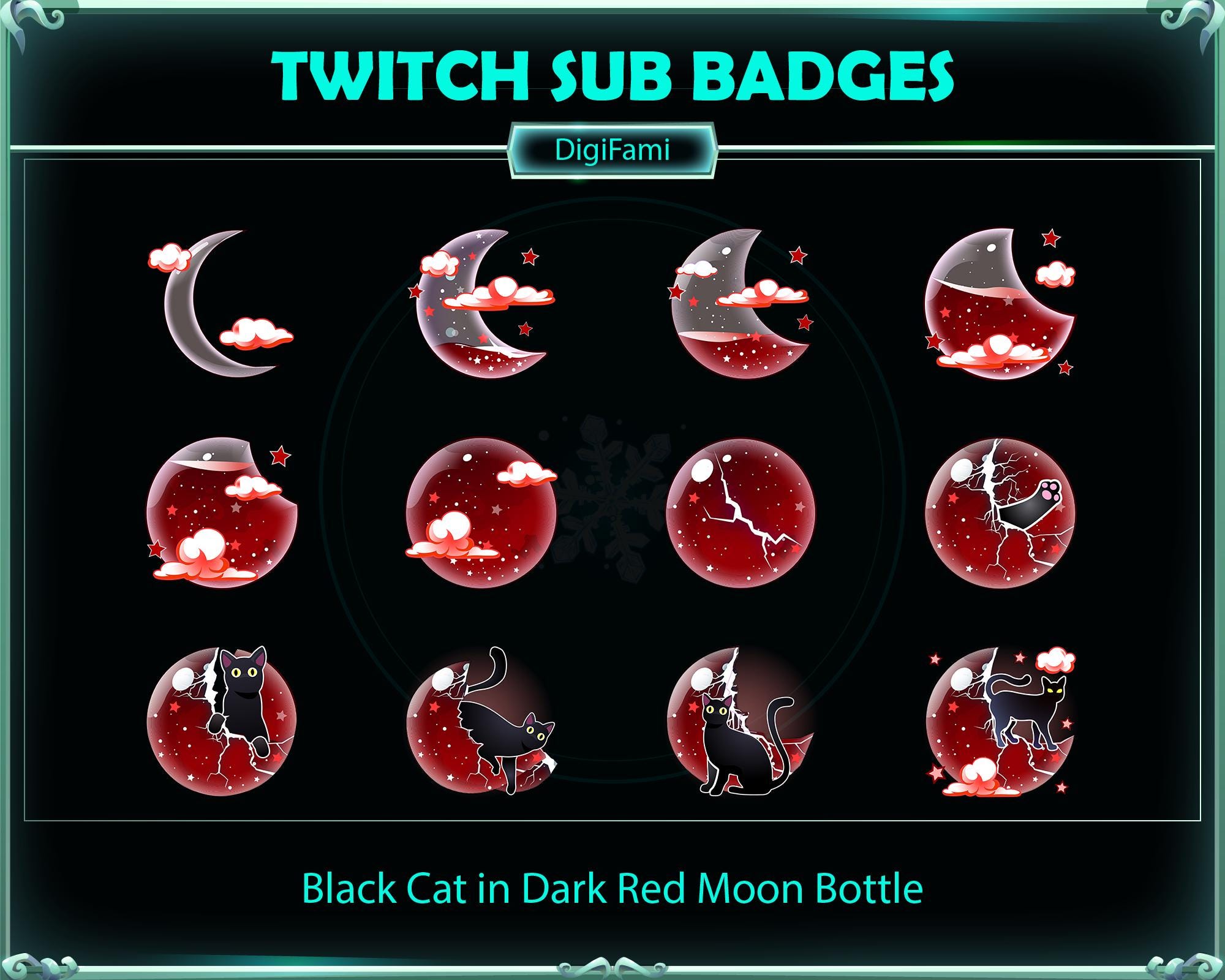 Insignias de suscripción a Twitch de Black Cat con forma de luna líquida de color rojo oscuro, insignia de suscripción a Twitch de Black Cat con forma de botella de luna de sangre para streamers, YouTubers, Tiktokers, OBS