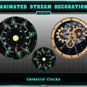 May include: Three animated clock faces with celestial themes. The top clock face is a black background with a blue and orange solar system design. The middle clock face is a smaller version of the top clock face. The bottom clock face is a gold background with a black and gold gear design with zodiac symbols.