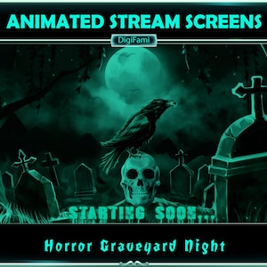 Nightmare in the Graveyard Animated Stream Screen Overlays, Black Crow in Horror Graveyard Animated Twitch Screen Overlays for Streamer, OBS