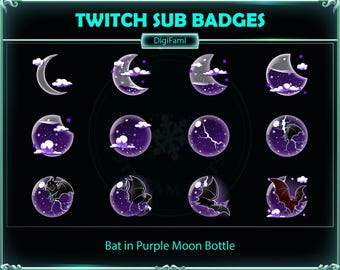 Lila Flüssigkeit Mond Schwarze Fledermaus Twitch Sub Abzeichen, Lila Mond Flasche Schwarze Fledermaus Twitch Sub Abzeichen für Streamer, YouTubers, Tiktokers