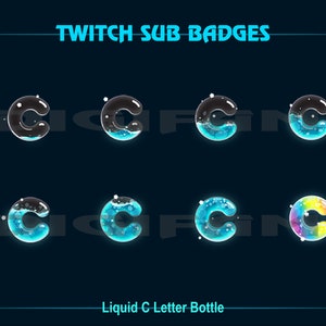 Insignias de Twitch Sub de Letter C / Liquid Letter C Bottle Twitch Sub Badges para Streamers, YouTube, Discord / Logotipo de nombre de letra C azul