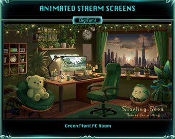 ANIMATED Stream Overlays Green Plant PC Room, Green Plant PC Room Twitch Overlays, Green Plant Game Stream Room Screen Overlays for Streamer
