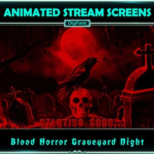 Bloody Red Nightmare in the Graveyard Animated Stream Screen Overlays, Black Crow in Horror Graveyard Twitch Screen Overlays for Streamers