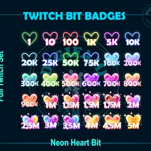 Neon Crystal Heart Twitch Bit-badges, Neon Heart Twitch Bit-badges, Crystal Heart Bit-badges voor streamers, Discord, YouTubers