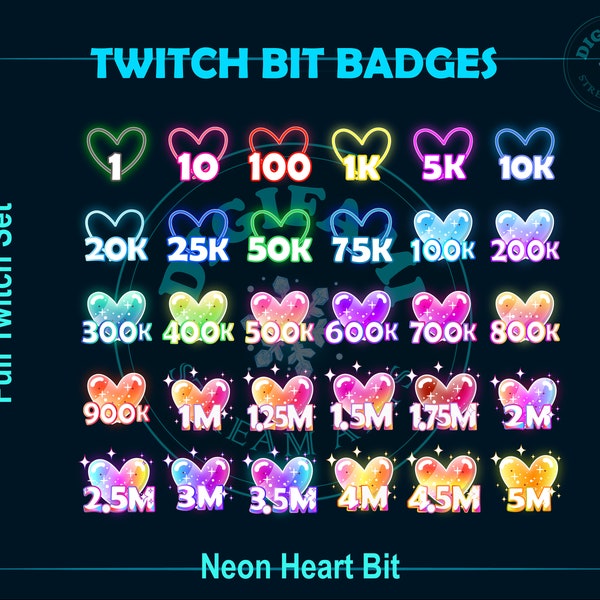 Neon Crystal Heart Twitch Bit Badges, Neon Heart Twitch Bit Badges, Crystal Heart Bit Badges for Streamers, Discord, YouTubers