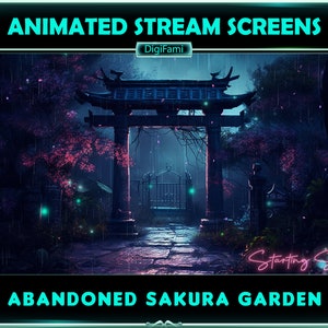 Może przedstawiać: Cyfrowa ilustracja ciemnego, opuszczonego ogrodu japońskiego z czerwoną bramą torii, różowymi kwiatami wiśni i świecącymi zielonymi światłami. Tekst "Starting Soon" jest napisany różowymi neonowymi literami na dole obrazu. Tekst "Abandoned Sakura Garden" jest napisany niebieskimi literami na dole obrazu.