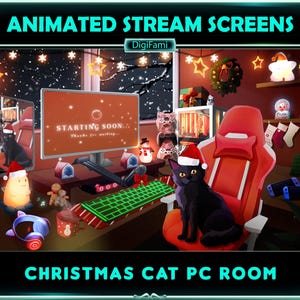Black Cat in Christmas PC Room Animated Twitch Overlays, Black Cat in Christmas Game Room Stream Screen Overlays for Streamers