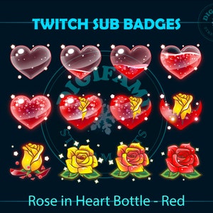 Yellow Rose in RED Heart Bottle Twitch Sub Badges, RED Rose Heart Bottle Twitch Sub Badges for Streamers, Youtubers, Discord