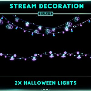 Peut inclure: Deux ensembles de lumières d'Halloween sur un fond noir. L'ensemble du haut a des lumières violettes et bleues avec des fantômes et des citrouilles. L'ensemble du bas a des lumières violettes et bleues avec des chapeaux de sorcière. Le texte "STREAM DECORATION" et "DigiFami" sont en haut de l'image. Le texte "2X HALLOWEEN LIGHTS" est en bas de l'image.