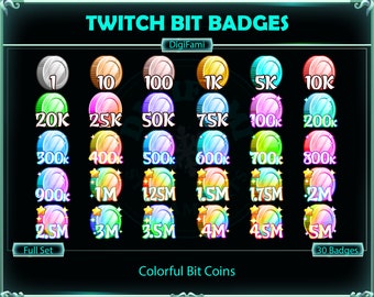 May include: A set of 30 colorful Twitch Bit Badges, featuring coins with different values from 1 to 5 million. The badges are arranged in rows and columns, with each badge having a unique color and design.