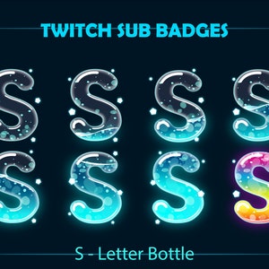Letra S Twitch Sub Badges, Liquid Letter S Bottle Twitch Sub Badges para streamers, Discord, Logotipo azul do nome da letra S, Twitch Bit Badges