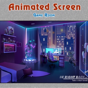 Peut inclure: Une salle de jeu futuriste avec un schéma de couleurs violet et bleu néon. La pièce comprend une grande fenêtre avec vue sur la ville, une configuration de jeu avec un écran d'ordinateur, un clavier et un fauteuil de jeu, un lit avec une couverture violette et un robot debout sur une plateforme. Le texte "BE RIGHT BACK... Take a short break" est affiché en bas de l'image.