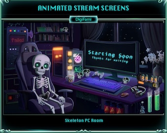 Sovrapposizioni animate per streaming con stanze PC a tema scheletro, sovrapposizioni animate spaventose per Twitch con stanze PC a tema scheletro, schermate Twitch a tema scheletro per streamer