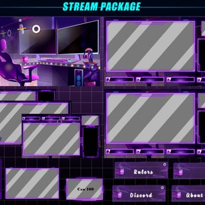 以下が含まれることがあります： パープルとホワイトのTwitchストリームオーバーレイパッケージ。ゲーマーチェア、デスク、コンピューターセットアップが含まれています。オーバーレイには、メイン画面、チャット、ソーシャルメディアパネルが含まれています。