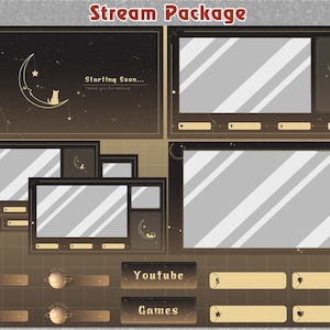 Escenas animadas Moon Cat Twitch Overlay Package / Celestial Stream Package / Vtuber Overlay, OBS / Gold Moon Stars / Gold Cat