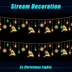 Puede incluir: Dos hileras de luces navideñas con decoraciones de renos dorados y copos de nieve. Las luces están enhebradas en un fondo negro. El texto "2x Christmas Lights" está en la parte inferior de la imagen.
