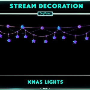 Op de afbeelding: Een string met blauwe en paarse sterren en halve maan lichten met de tekst "STREAM DECORATION" en "XMAS LIGHTS" op een zwarte achtergrond.