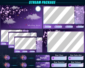 ANIMATED Sakura Night Twitch Stream Overlay Package / Purple Cherry Blossom Stream Overlay Package for Streamers, OBS