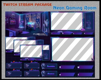 ANIMATED Twitch Neon Gaming Room Stream Overlay Package / Retro Cozy Dark Gamer Room / Neon Robot Display Room / Robot Sub Badges included