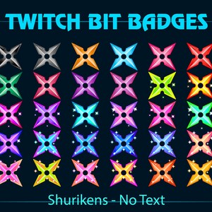 Puede incluir: Un conjunto de insignias de bits de Twitch con forma de shuriken de colores. Las insignias están disponibles en varios colores, como negro, plateado, naranja, azul, rosa, verde, morado, amarillo y rojo. El texto "TWITCH BIT BADGES" está en la parte superior y "Shurikens - No Text" en la inferior.