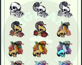 Badge di abbonamento Twitch con teschio, serpente e rosa, badge di abbonamento Twitch con teschio e serpente, badge di abbonamento Twitch con serpente e rosa per gli streamer