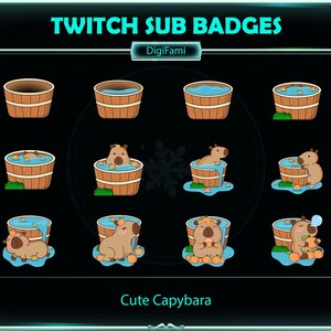 May include: Nine Twitch sub badges featuring a cute capybara in a wooden tub with blue water. The capybara is in different poses, including swimming, relaxing, and holding a peach. The text "DigiFami" and "Cute Capybara" are also included.
