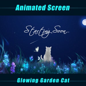 Superposiciones animadas de Twitch / GATO BLANCO en escenas animadas de jardín brillante / Cielo nocturno estrellado mágico / Streamers, OBS, Vtubers