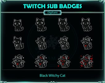 Schwarze Witchy Cat Twitch Sub Badges, schwarze Witchy Cat Twitch Sub Bit Badges, Kawaii Sub Bit Badge für Streamer, YouTuber, Discord