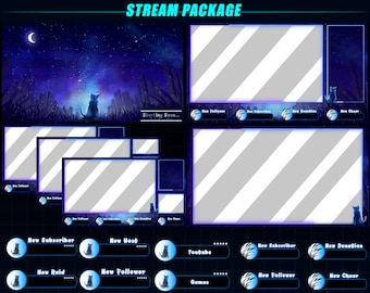 ANIMATED Celestial Stars Twitch Stream Overlay Package / Cat Watching Starry Night Sky Screen Overlays for Streamers / Without Zodiac Signs