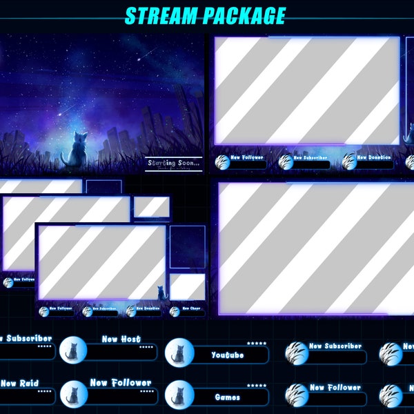 ANIMATED Celestial Stars Twitch Stream Overlay Package / Cat Watching Starry Night Sky Screen Overlays for Streamers / Without Zodiac Signs