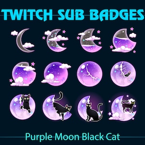 Paarse vloeibare maan Black Cat Twitch-subbadges, maanfles Black Cat Twitch-subbadge voor streamers, YouTubers, Tiktokers, OBS