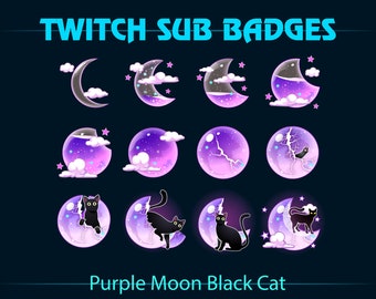 Insignias sub de Twitch de gato negro de luna líquida púrpura, insignia de sub de Twitch de gato negro de botella de luna para streamers, YouTubers, Tiktokers, OBS
