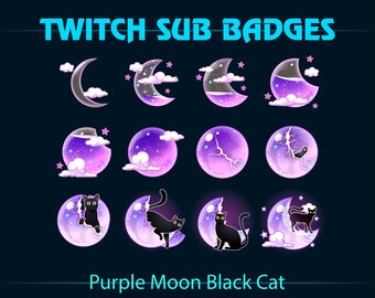 Purple Liquid Moon Black Cat Twitch Sub Badges, Moon Bottle Black Cat Twitch Sub Badge for Streamers, YouTubers, Tiktokers, OBS