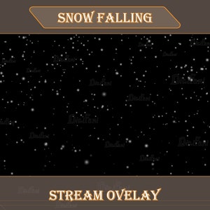 Op de afbeelding: Een digitale overlay met de tekst "SNOW FALLING" bovenaan en "STREAM OVELAY" onderaan. De achtergrond is zwart met witte stippen, die vallende sneeuw simuleren.