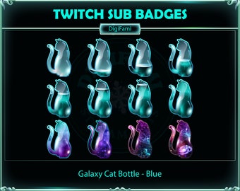 Blue Galaxy Cat Bottle Twitch Sub Badges, Galaxy Cat Bottle Twitch Sub Badge for Streamers, YouTubers, Tiktokers, OBS