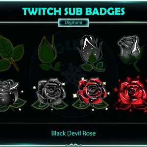 May include: A set of Twitch sub badges featuring a black rose with white stars, a red rose with white stars, and a green rose bud. The text "Black Devil Rose" is at the bottom of the image.