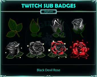 Insignias de sub bits de Twitch de Black Devil Roses, insignias de sub de Twitch de Black Devil Roses, insignias de sub Kawaii para streamers, YouTubers, Titokers, OBS