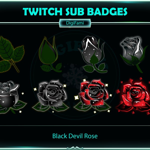 Black Devil Roses Twitch Sub Bit Badges, Black Devil Roses Twitch Sub Badges, Kawaii Sub Badges for Streamers, YouTubers, Titokers, OBS