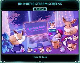 Evee PC Desk Animated Twitch Overlays, Lofi Evee PC Desk Stream Overlays, Evee Twitch Screen Overlays for Streamers