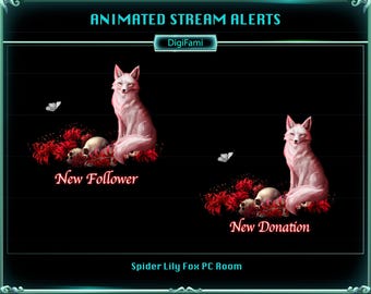 Spider Lily Fox Animated Twitch Alert, Spider Lily  White Fox Twitch Alerts, Red Spider Lily Fox Stream Alerts for Streamers
