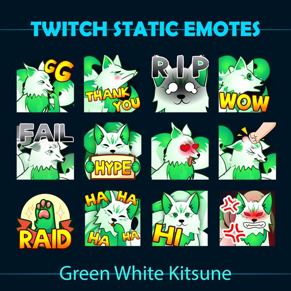 Green White Nine Tail Fox Twitch Emotes Package, Green White Neon Kitsune Static Stream Chat Emotes for Chatting, Discord, OBS, Streamlabs