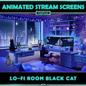 Superposiciones animadas de Twitch de gato negro en una sala de PC Lofi, superposiciones de pantalla de transmisión de gato negro en una sala de juegos celestial para streamers, OBS, StreamLabs
