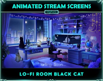 Black Cat in Lofi PC Room Animated Twitch Overlays, Black Cat in Celestial Game Room Stream Screen Overlays for Streamers, OBS, StreamLabs