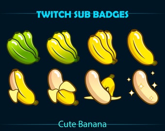 Cute Banana Twitch Sub Bit Badges, Cute Fruits Twitch Sub Bit Badges for Streamer, Discord, YouTube, OBS, Streamlabs